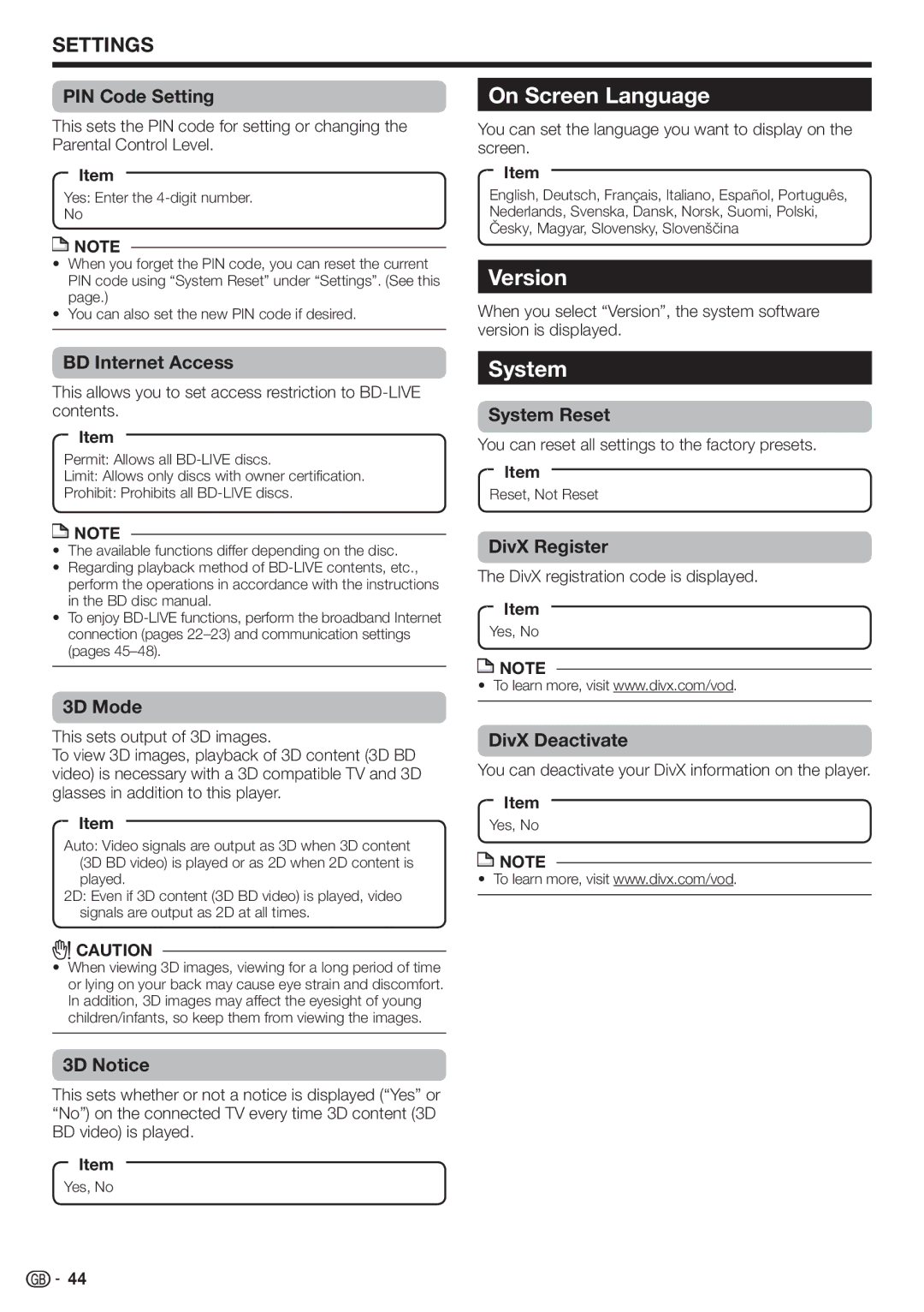 Sharp BD-HP90S operation manual On Screen Language, Version, System 