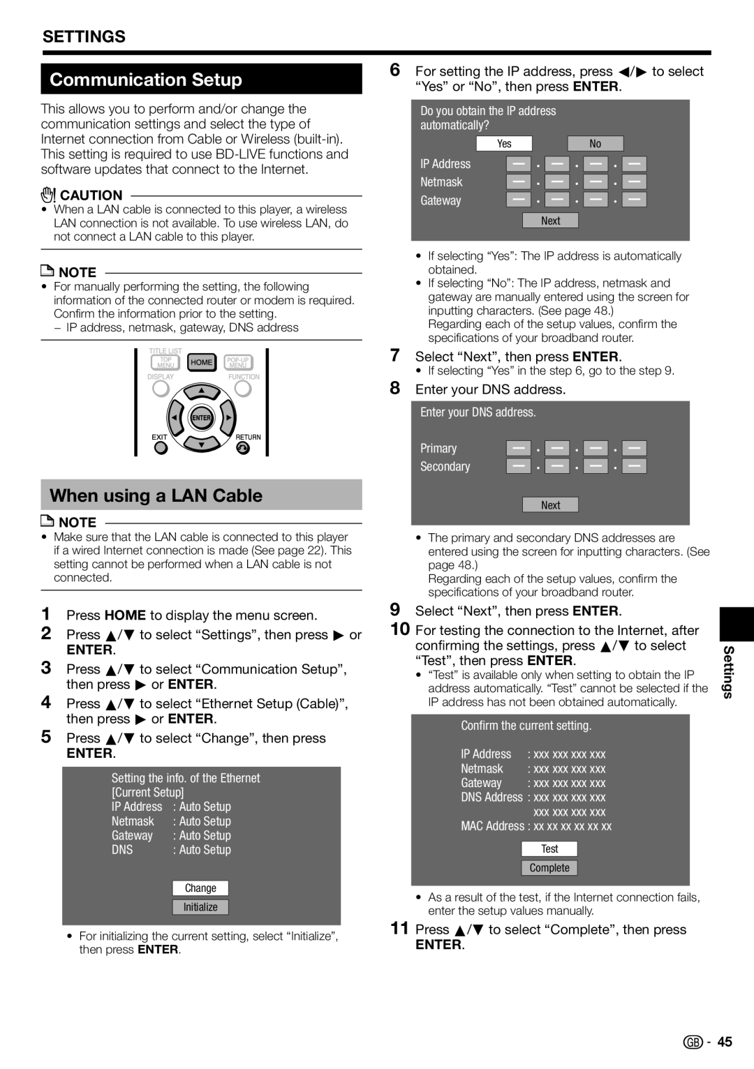 Sharp BD-HP90S operation manual Communication Setup, When using a LAN Cable 