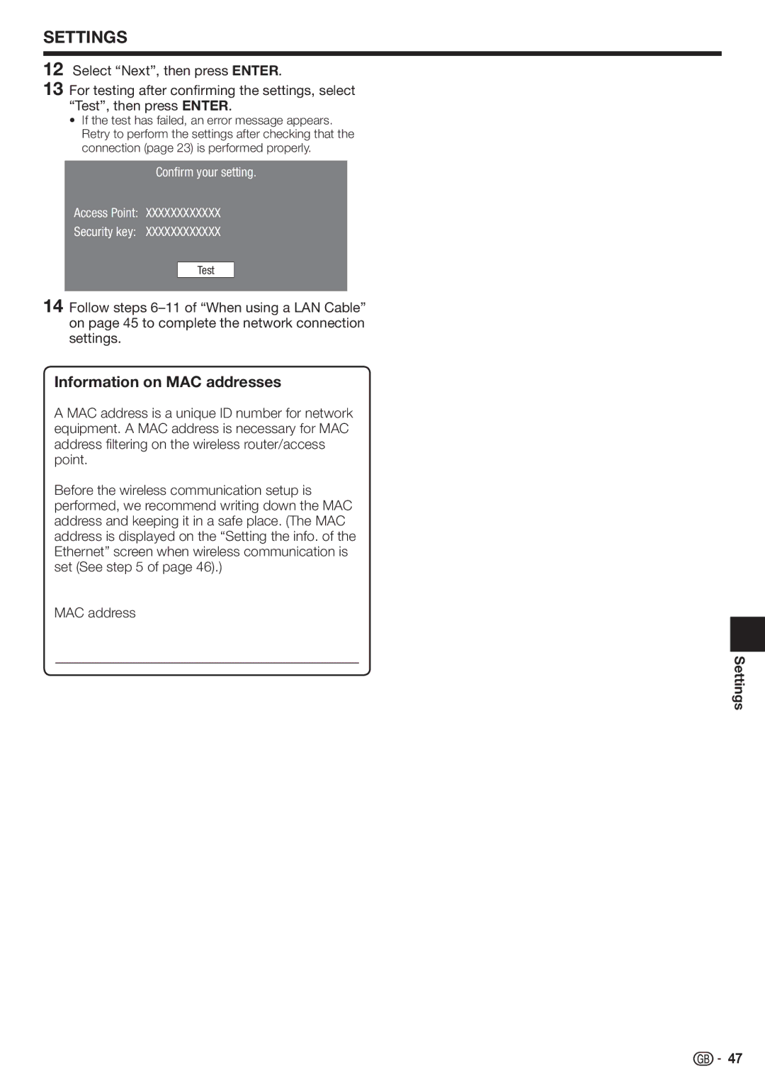 Sharp BD-HP90S operation manual Information on MAC addresses, Confirm your setting Access Point Security key 