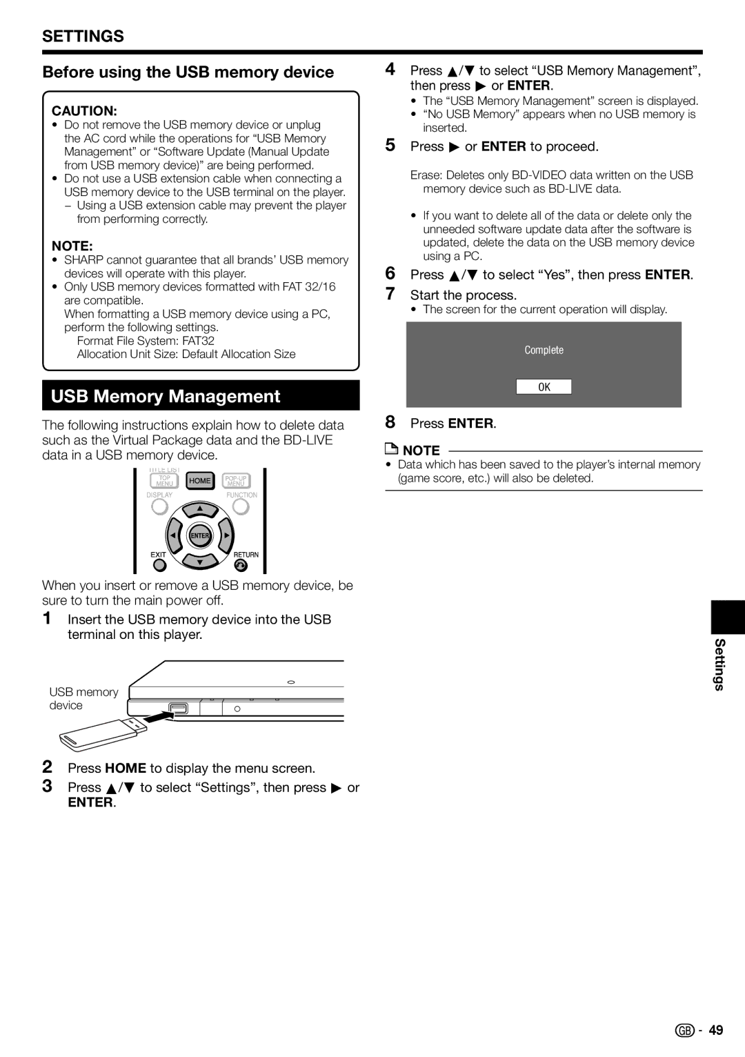 Sharp BD-HP90S operation manual USB Memory Management, Before using the USB memory device 