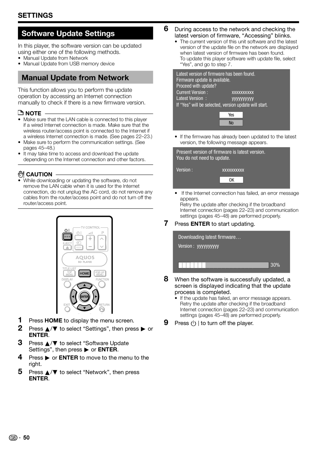 Sharp BD-HP90S operation manual Software Update Settings, Manual Update from Network, Press Enter to start updating 