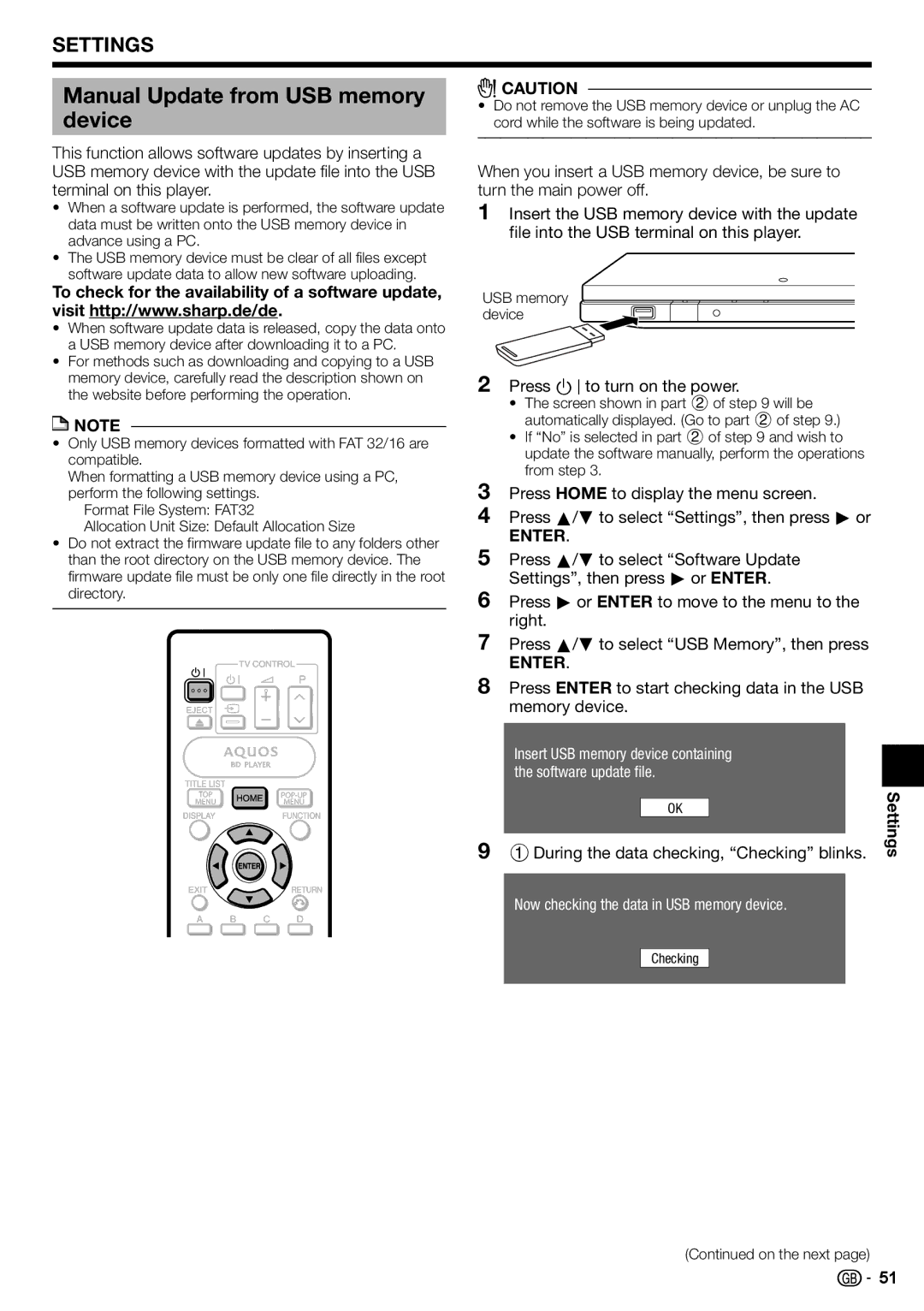 Sharp BD-HP90S operation manual Manual Update from USB memory device, Press Bto turn on the power 