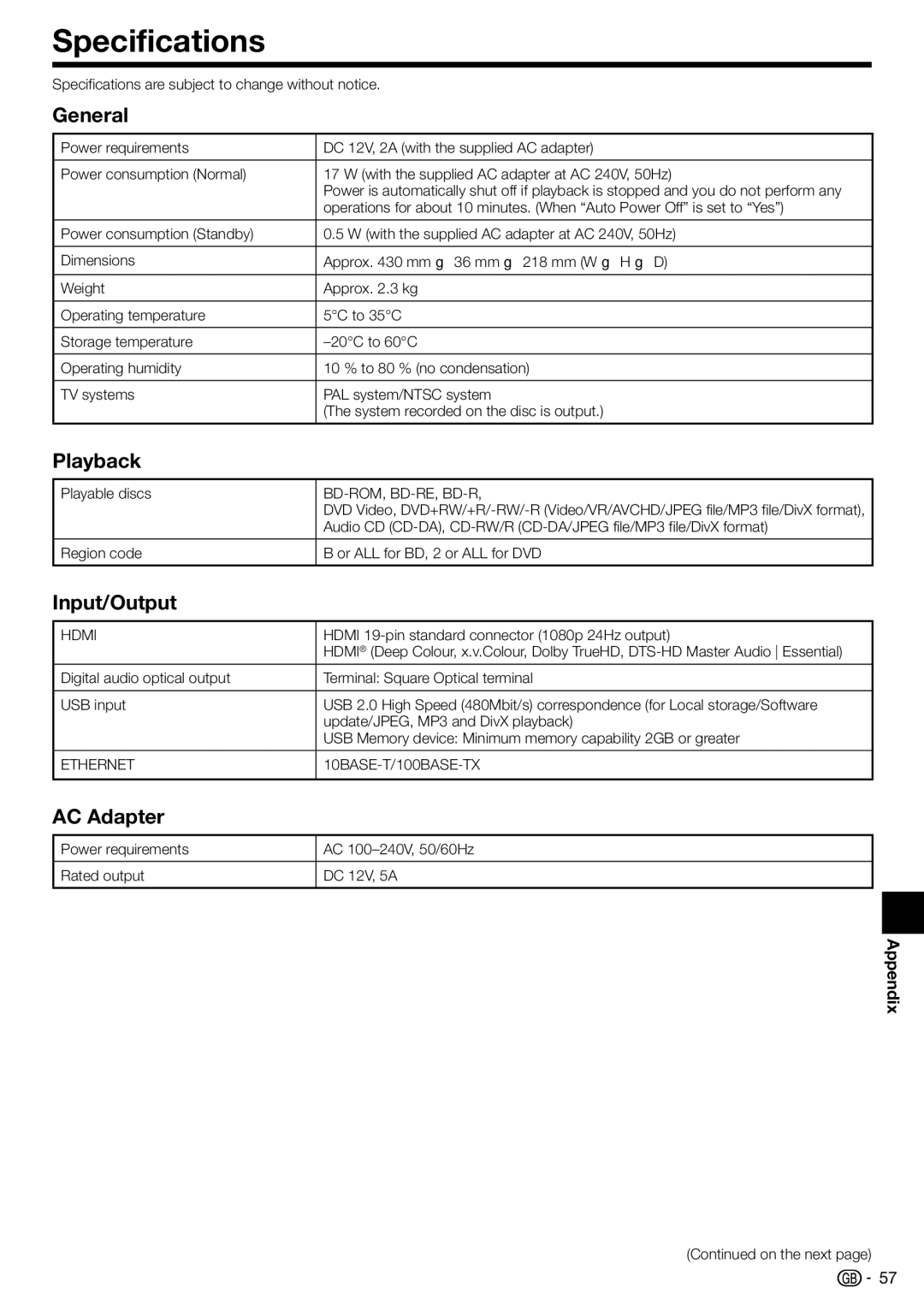 Sharp BD-HP90S operation manual Specifications, General, Input/Output, AC Adapter 