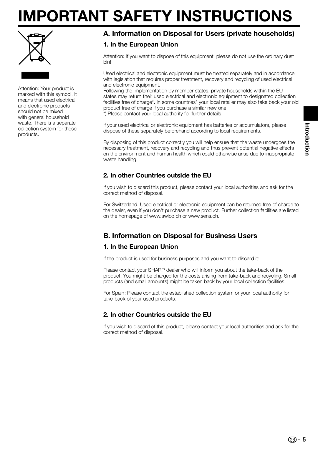 Sharp BD-HP90S Information on Disposal for Users private households, Information on Disposal for Business Users 