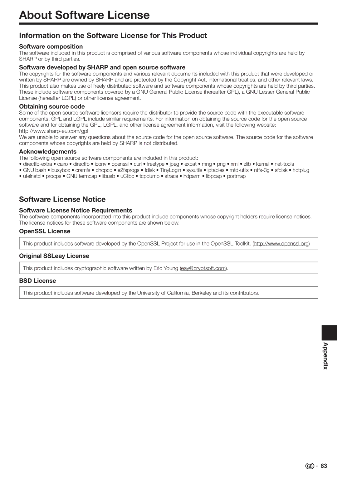 Sharp BD-HP90S About Software License, Information on the Software License for This Product, Software License Notice 