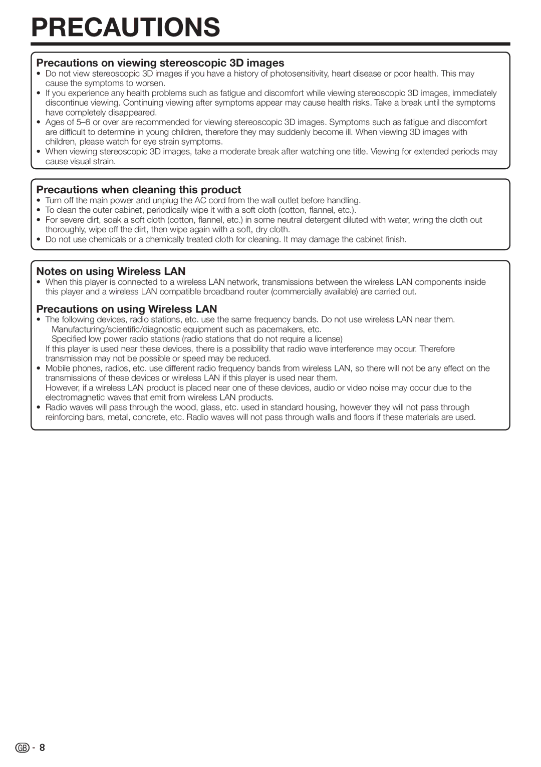 Sharp BD-HP90S operation manual Precautions on viewing stereoscopic 3D images, Precautions when cleaning this product 