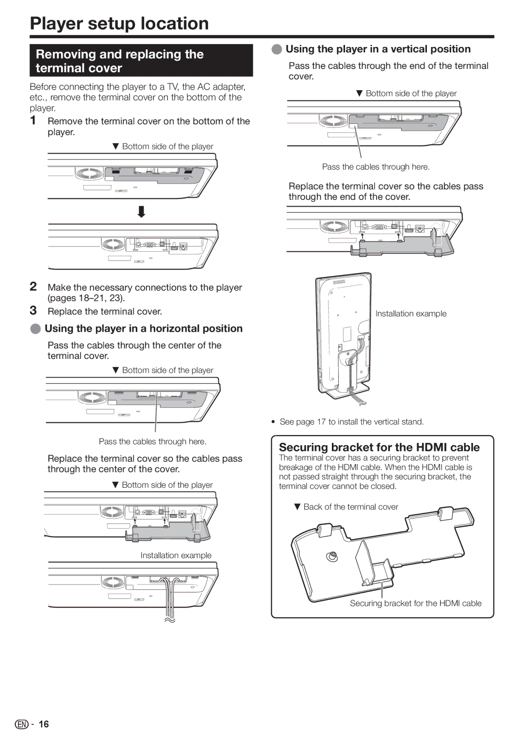 Sharp BD-HP90U Player setup location, Removing and replacing the terminal cover, Securing bracket for the Hdmi cable 