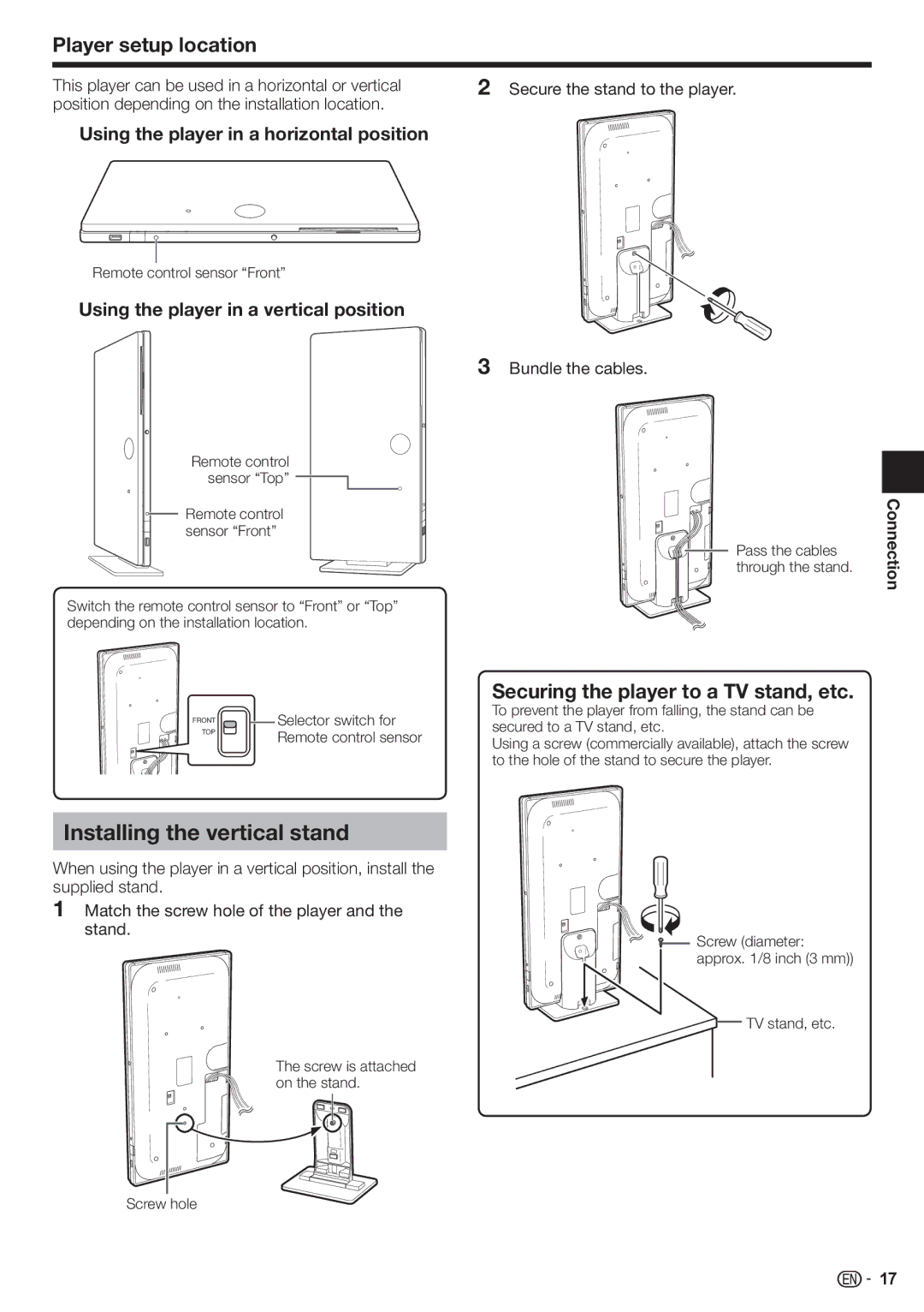 Sharp BD-HP90U Installing the vertical stand, Player setup location, Securing the player to a TV stand, etc, Connection 