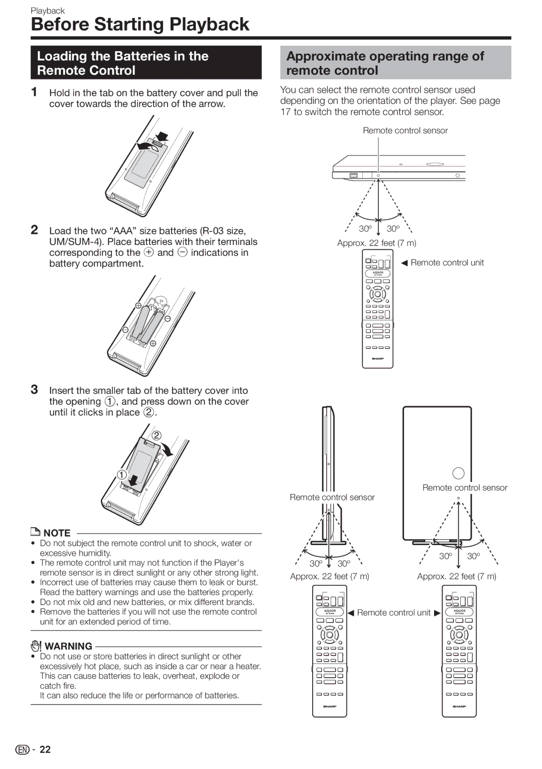 Sharp BD-HP90U operation manual Before Starting Playback, Loading the Batteries in the Remote Control 