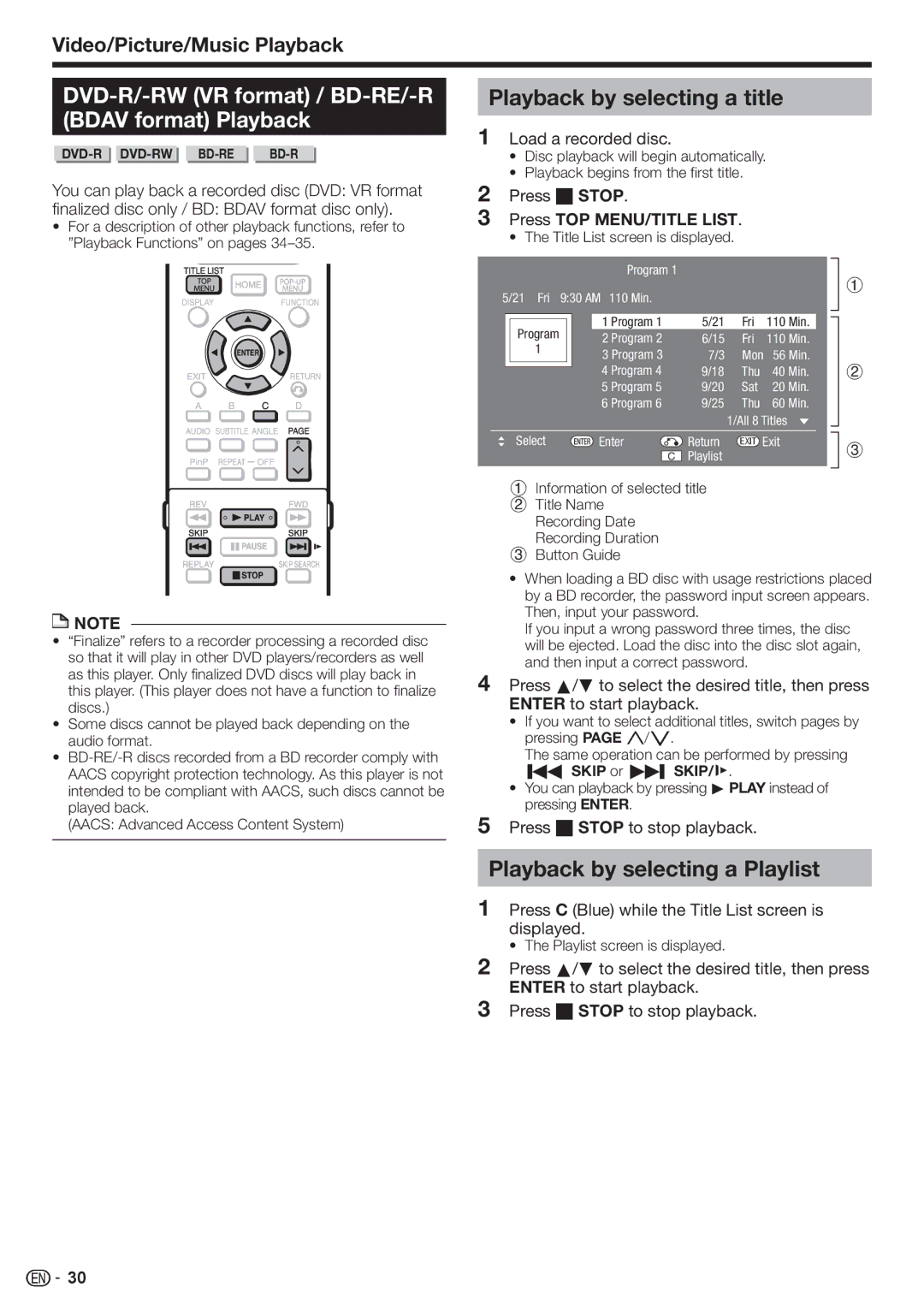 Sharp BD-HP90U operation manual DVD-R/-RW VR format / BD-RE/-R Bdav format Playback, Playback by selecting a title 