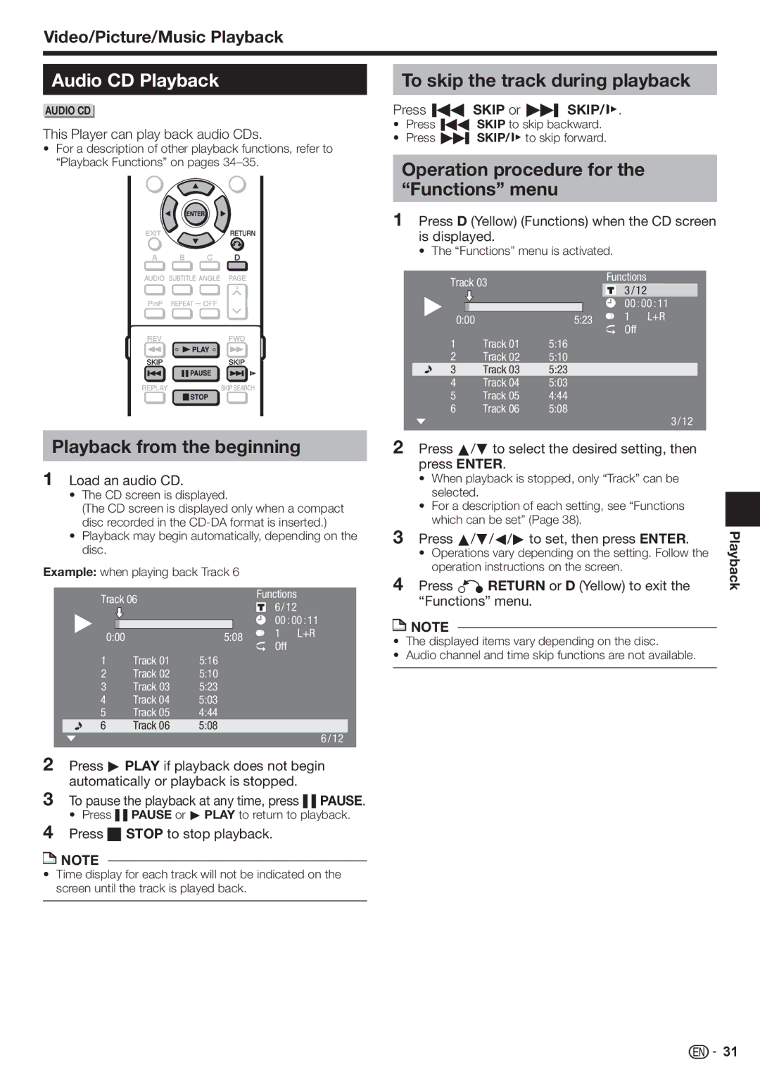 Sharp BD-HP90U Audio CD Playback, Playback from the beginning, To skip the track during playback, Press Kskip or LSKIP/l 