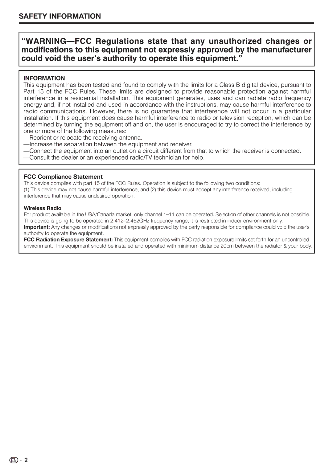 Sharp BD-HP90U operation manual FCC Compliance Statement, Wireless Radio 