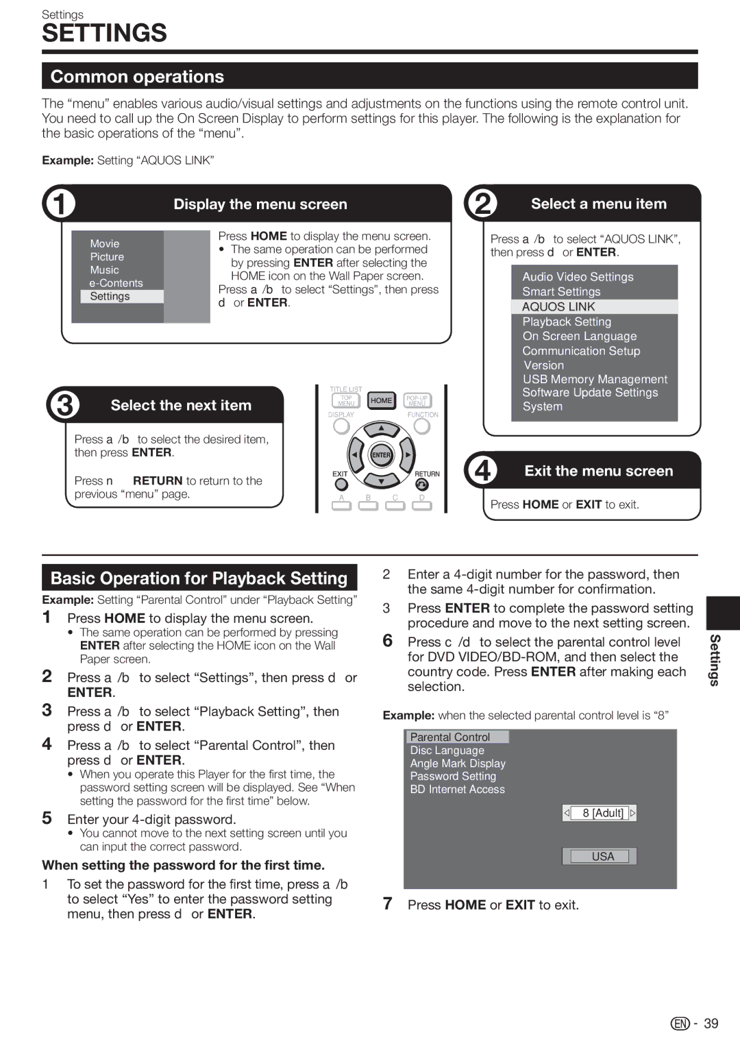 Sharp BD-HP90U Common operations, Basic Operation for Playback Setting, When setting the password for the first time 