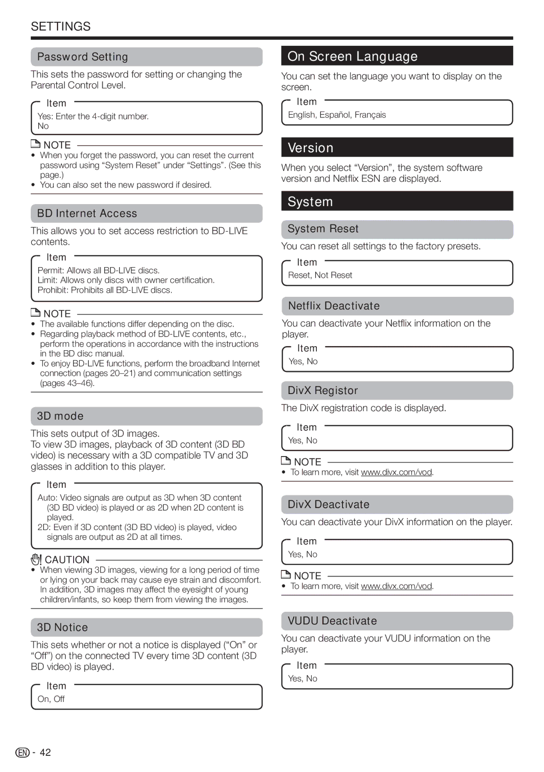 Sharp BD-HP90U operation manual On Screen Language, Version, System 