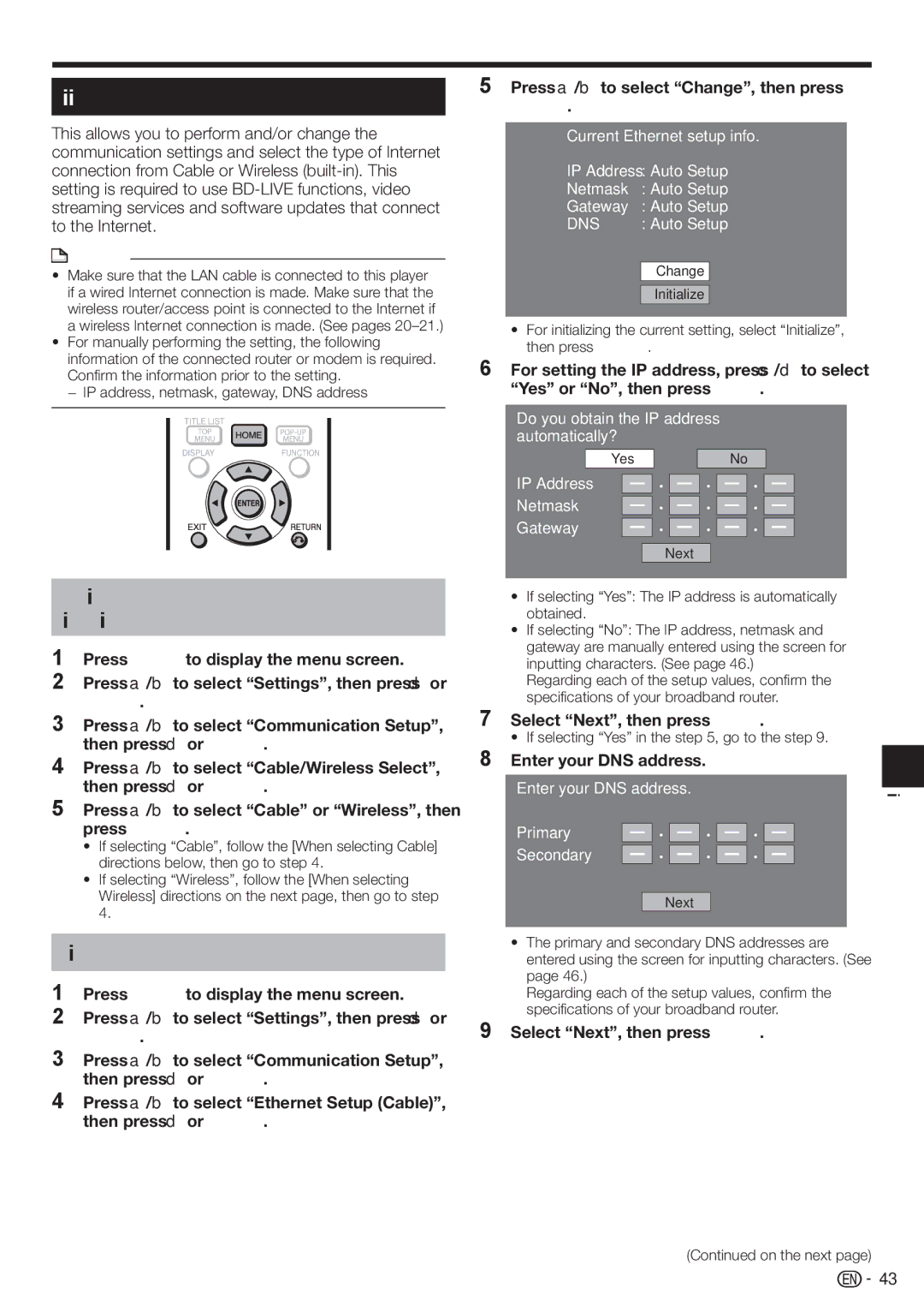 Sharp BD-HP90U operation manual Communication Setup, When selecting Cable, Settings 