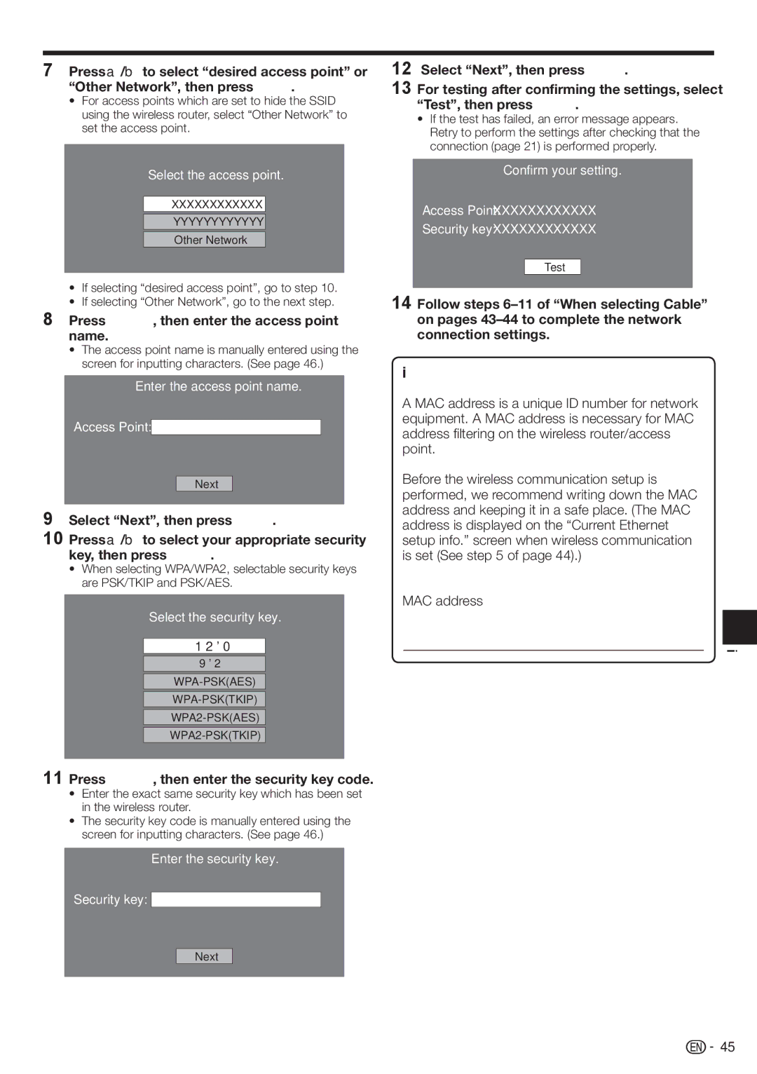 Sharp BD-HP90U operation manual Information on MAC addresses, Confirm your setting Access Point Security key 