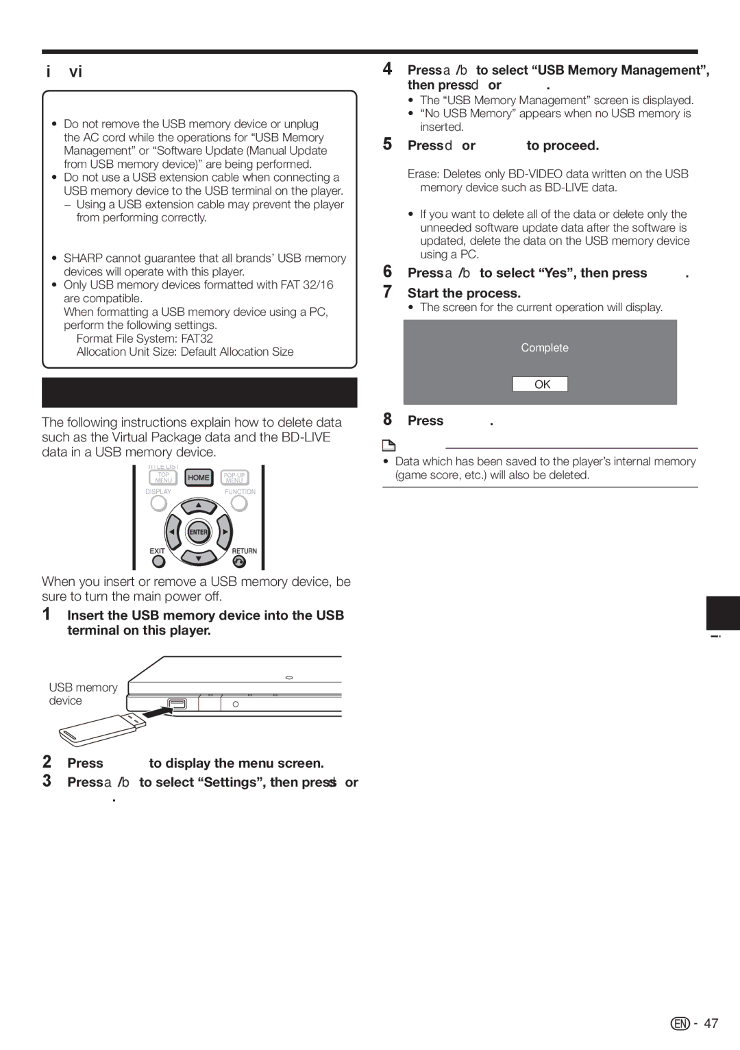 Sharp BD-HP90U operation manual USB Memory Management, Before using the USB memory device, Press d or Enter to proceed 