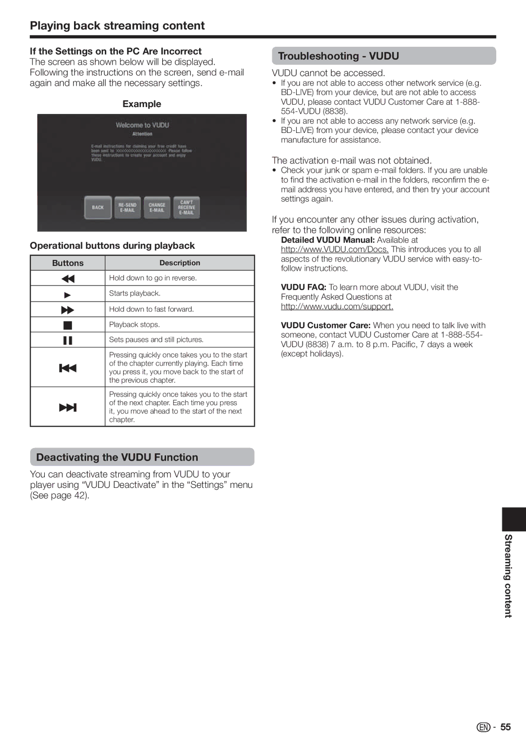 Sharp BD-HP90U Troubleshooting Vudu, Deactivating the Vudu Function, Example Operational buttons during playback 