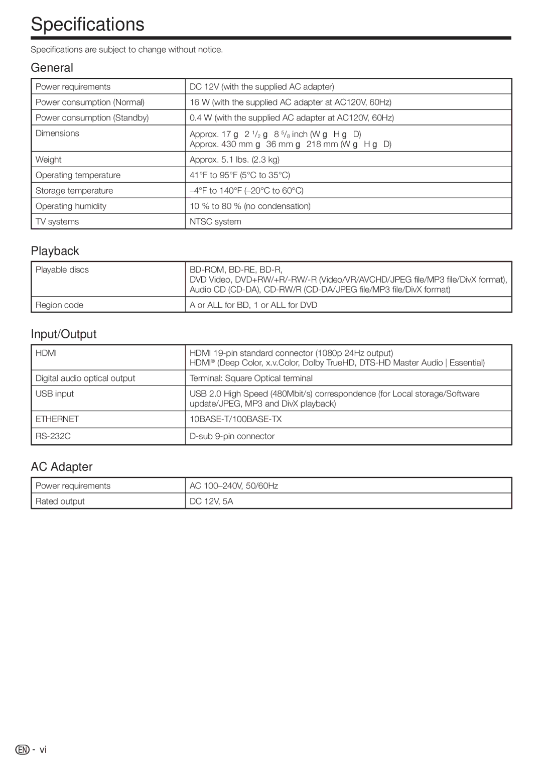 Sharp BD-HP90U operation manual Specifications, General, Input/Output, AC Adapter 