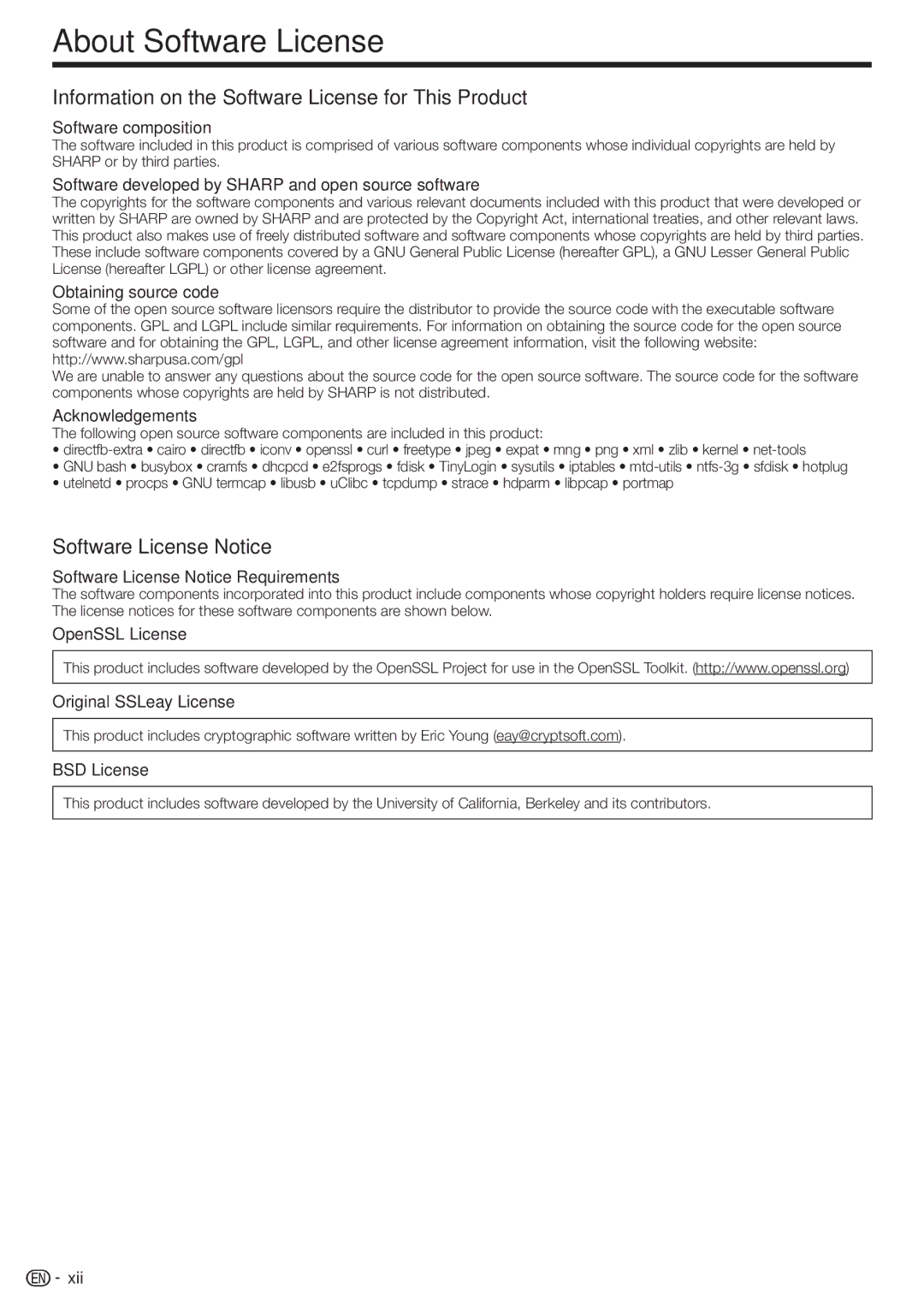 Sharp BD-HP90U About Software License, Information on the Software License for This Product, Software License Notice 