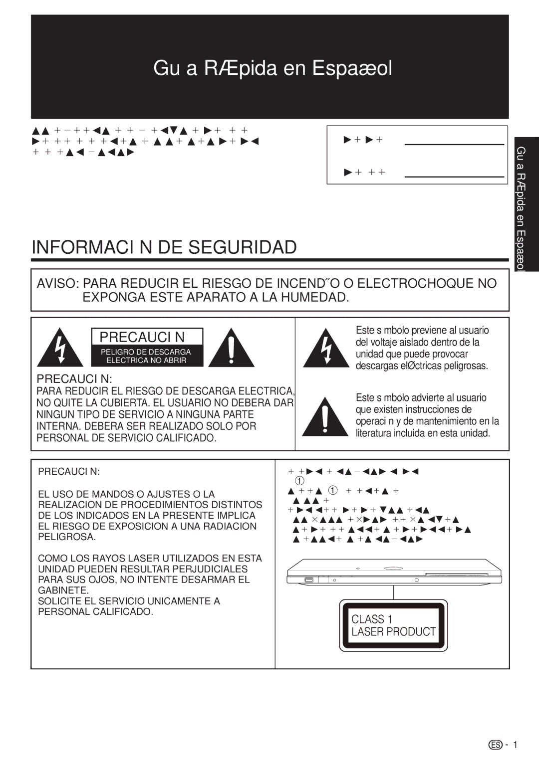 Sharp BD-HP90U operation manual Guía Rápida en Español, Este reproductor está clasificado como un producto 