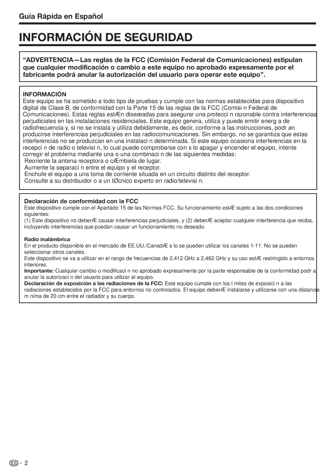 Sharp BD-HP90U operation manual Guía Rápida en Español, Declaración de conformidad con la FCC, Radio inalámbrica 