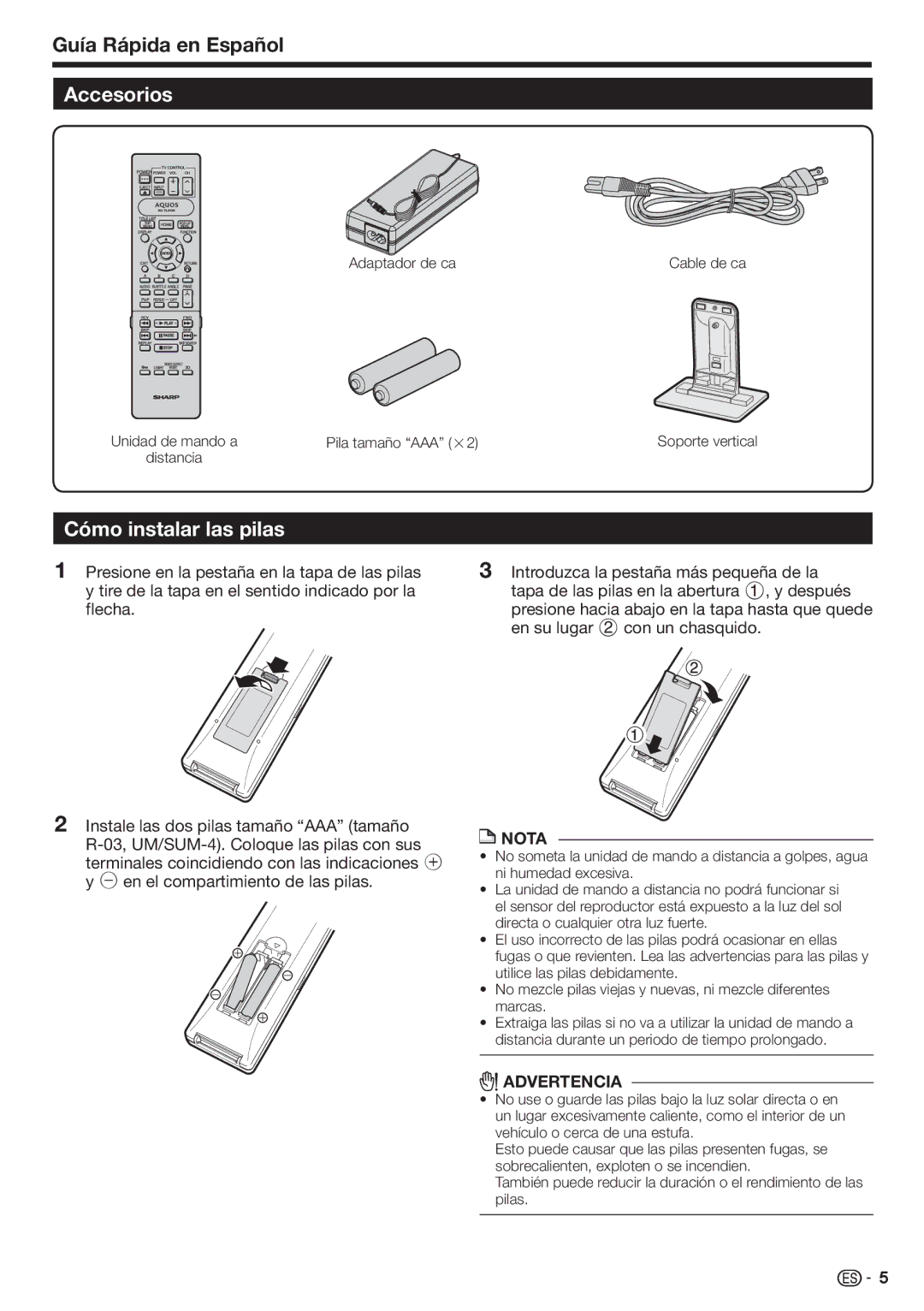 Sharp BD-HP90U operation manual Adaptador de ca, Pila tamaño AAA g2 