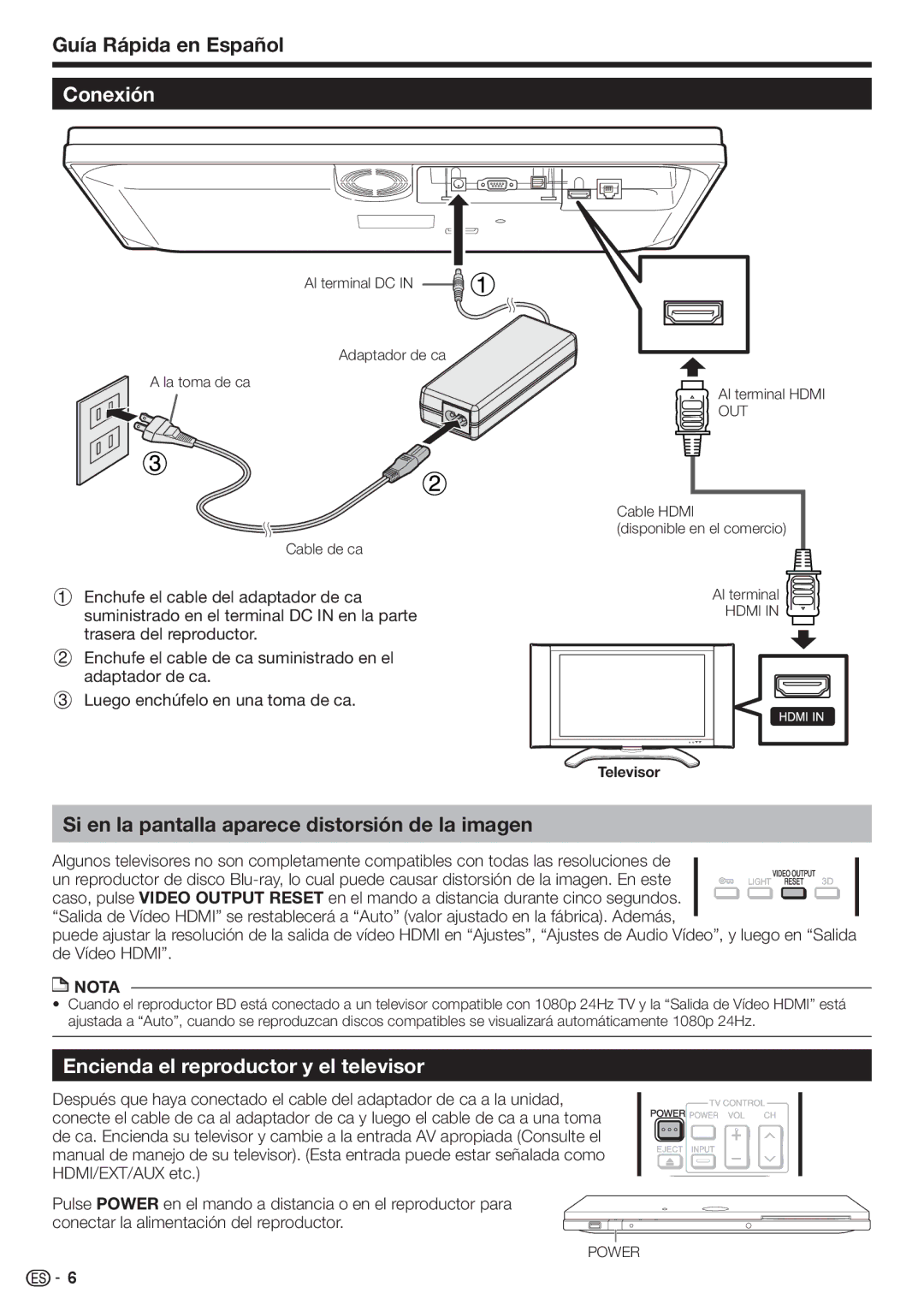 Sharp BD-HP90U Si en la pantalla aparece distorsión de la imagen, Al terminal DC Adaptador de ca La toma de ca Cable de ca 