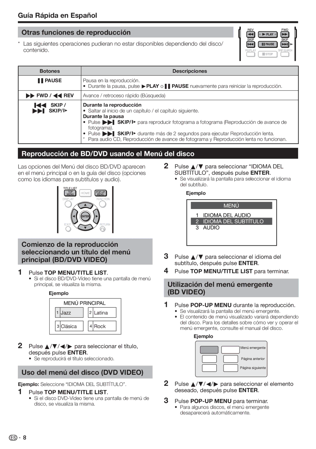 Sharp BD-HP90U operation manual Guía Rápida en Español Otras funciones de reproducción, Uso del menú del disco DVD Video 