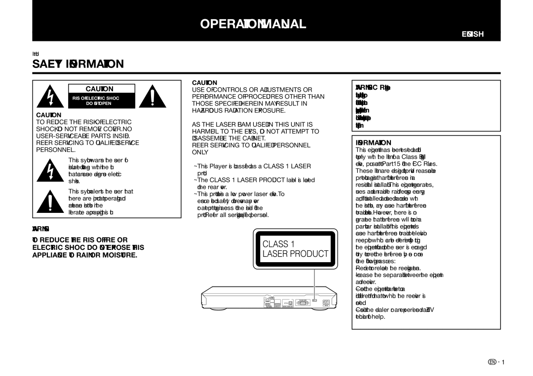 Sharp BD-HP75U, BDHP75U operation manual Safety Information 