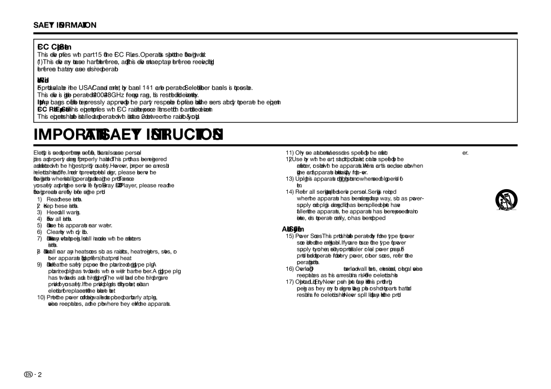 Sharp BDHP75U, BD-HP75U operation manual FCC Compliance Statement, Wireless Radio, Additional Safety Information 