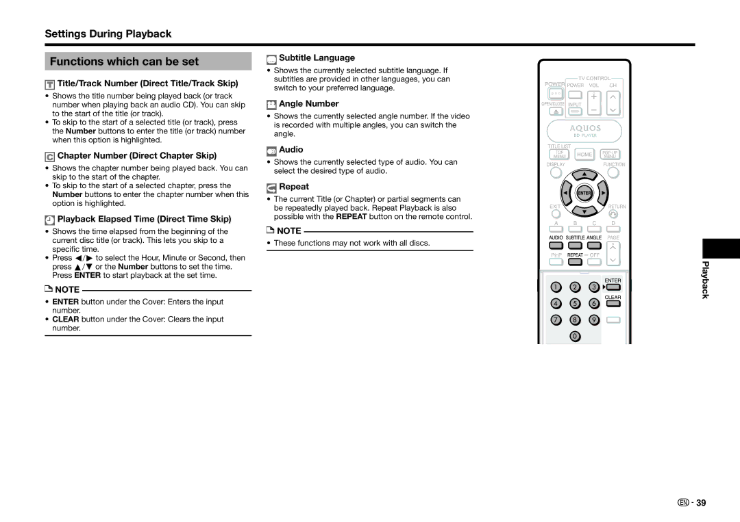 Sharp BD-HP75U, BDHP75U operation manual Functions which can be set, Settings During Playback 