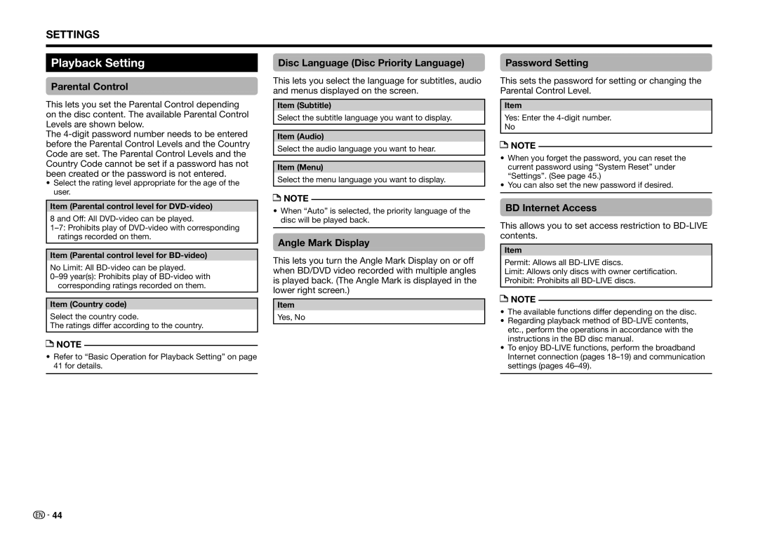 Sharp BDHP75U, BD-HP75U operation manual Playback Setting 