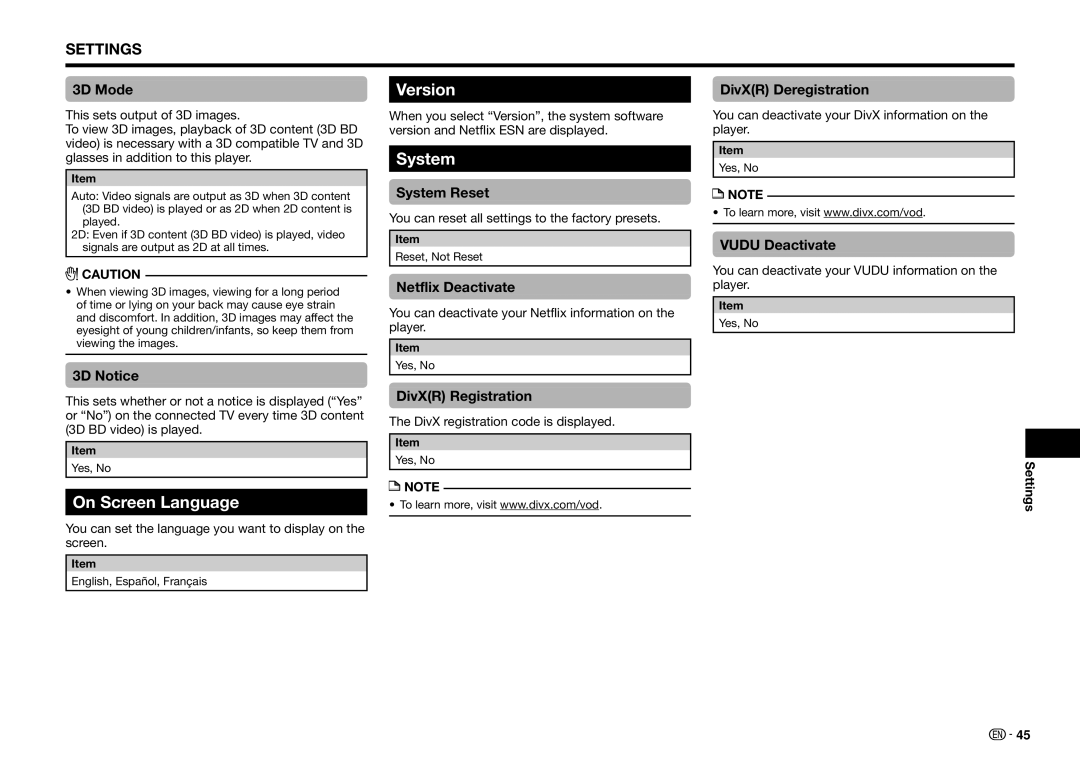 Sharp BD-HP75U, BDHP75U operation manual Version, System, On Screen Language 