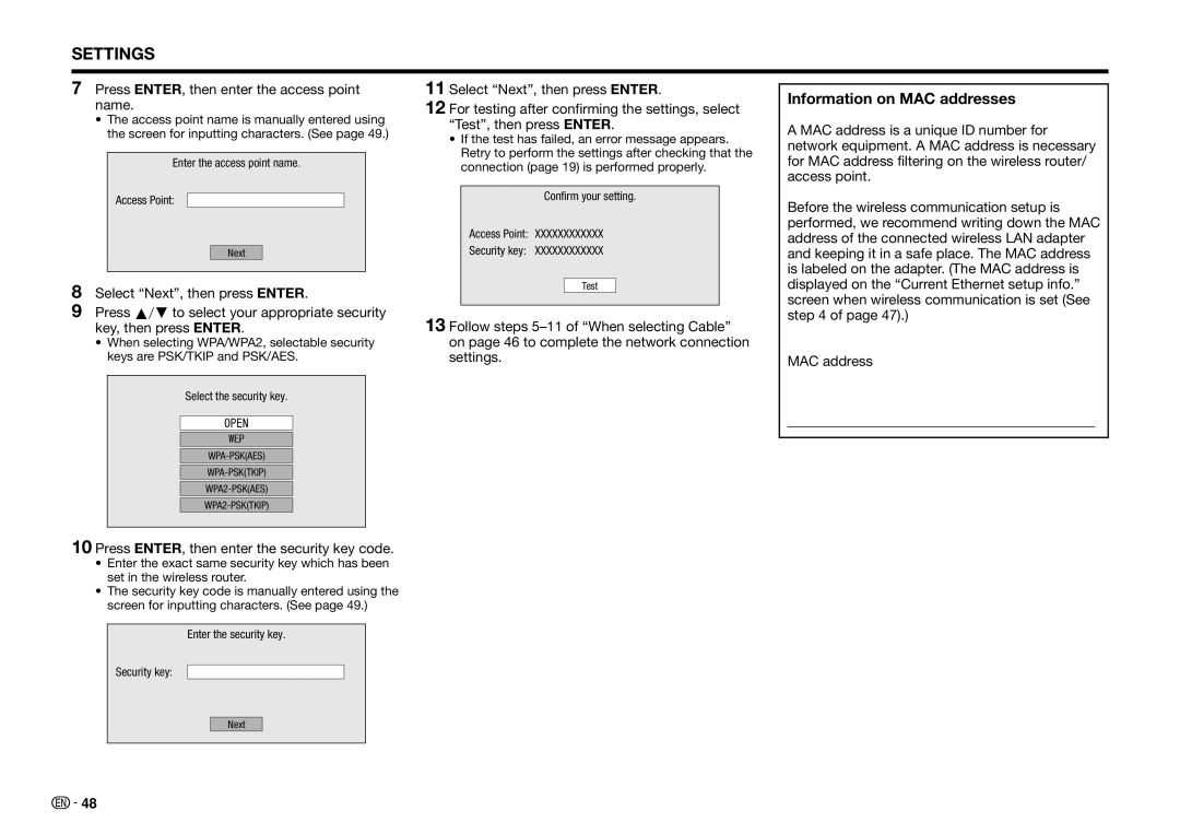 Sharp BDHP75U, BD-HP75U operation manual Information on MAC addresses, Press ENTER, then enter the access point name 