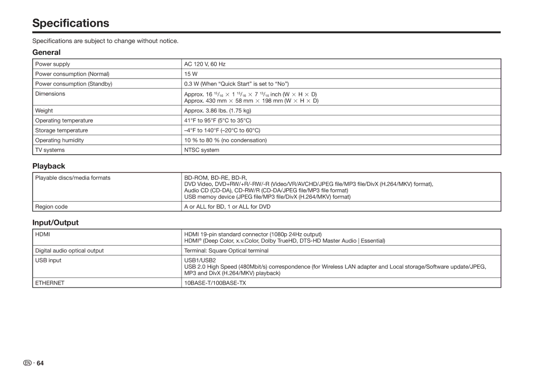 Sharp BDHP75U, BD-HP75U operation manual General, Input/Output, Specifications are subject to change without notice 