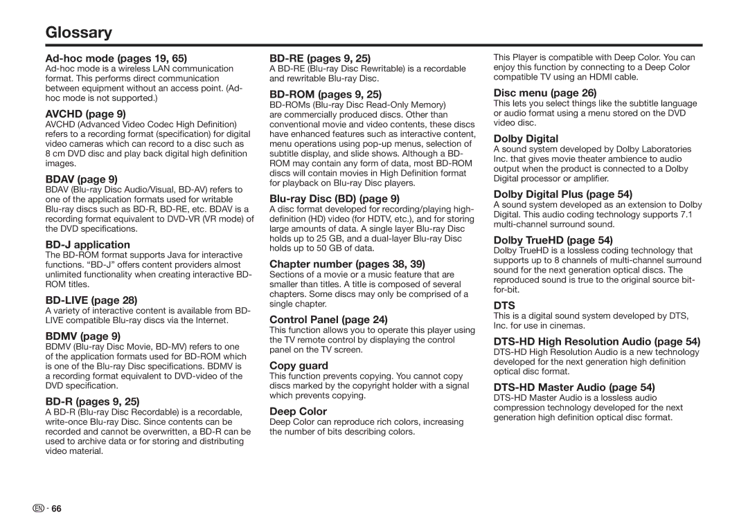 Sharp BDHP75U, BD-HP75U operation manual Glossary 