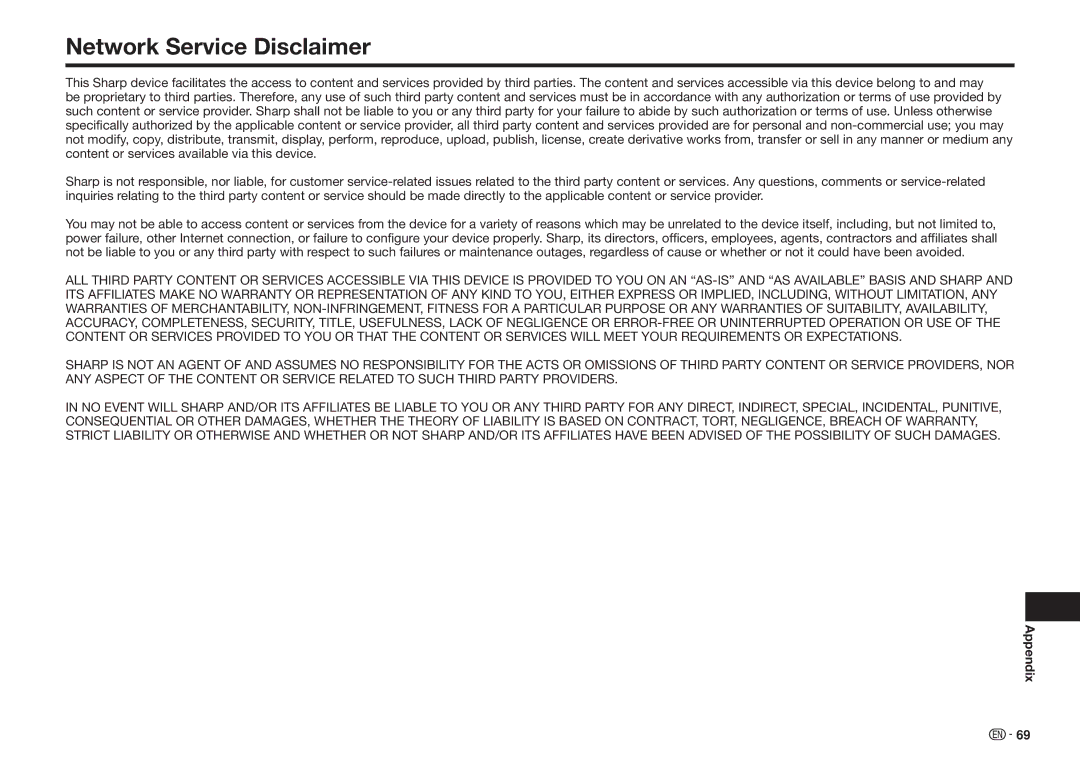 Sharp BD-HP75U, BDHP75U operation manual Network Service Disclaimer 