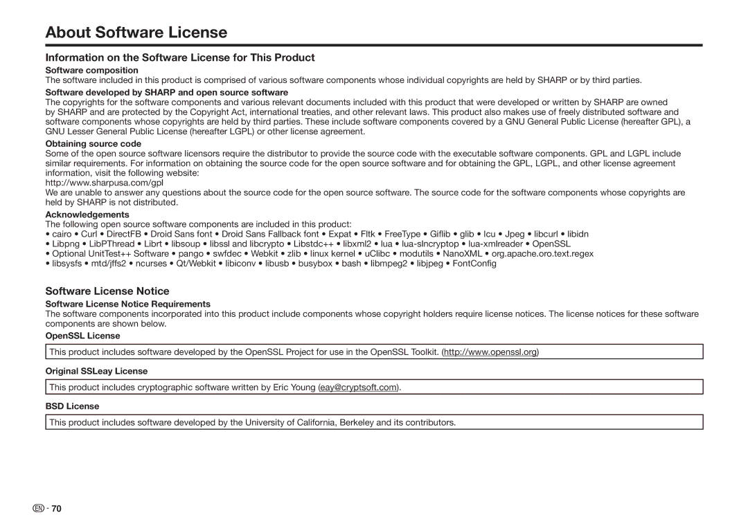 Sharp BDHP75U About Software License, Information on the Software License for This Product, Software License Notice 