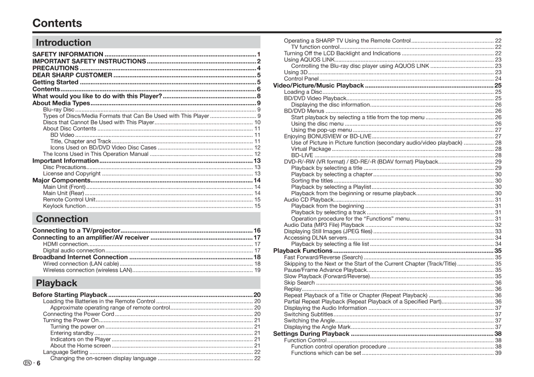 Sharp BDHP75U, BD-HP75U operation manual Contents 