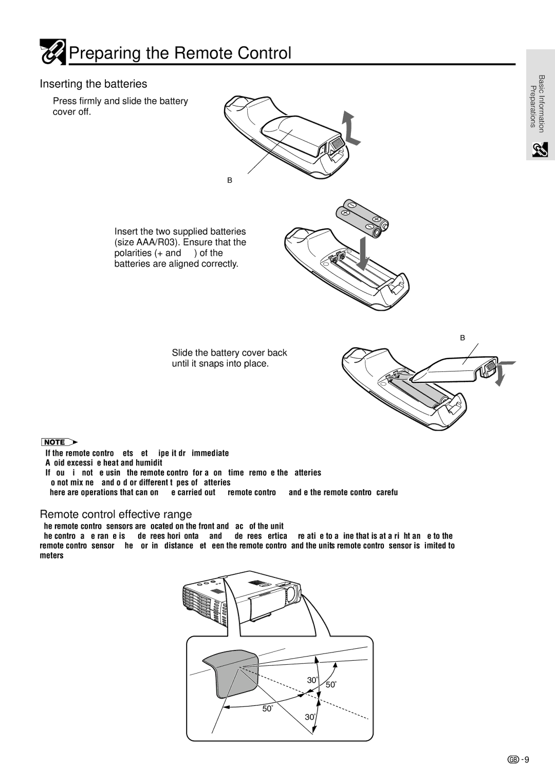 Sharp BQC-PGM10X//1 operation manual Preparing the Remote Control, Inserting the batteries, Remote control effective range 