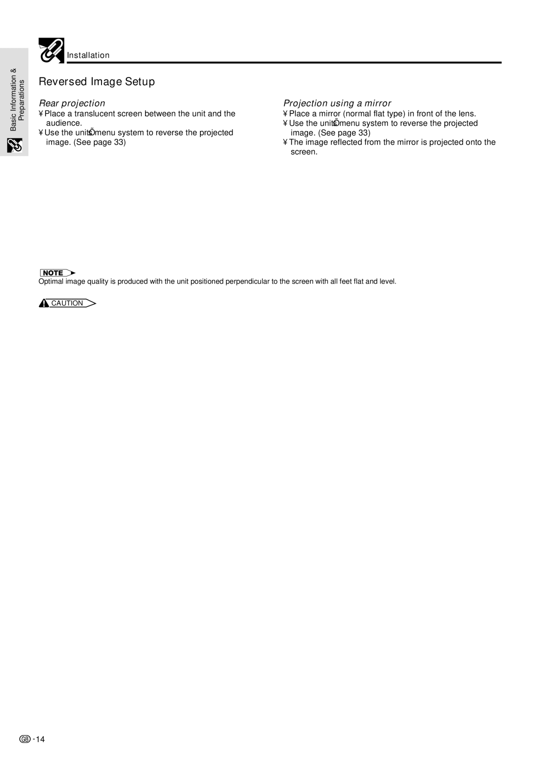 Sharp BQC-PGM10X//1 operation manual Reversed Image Setup, Rear projection 