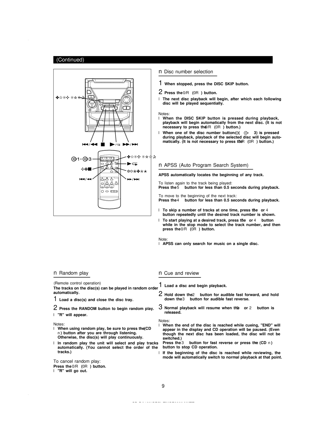 Sharp CD-BA120 Disc number selection, Apss Auto Program Search System, Random play, Cue and review, To cancel random play 