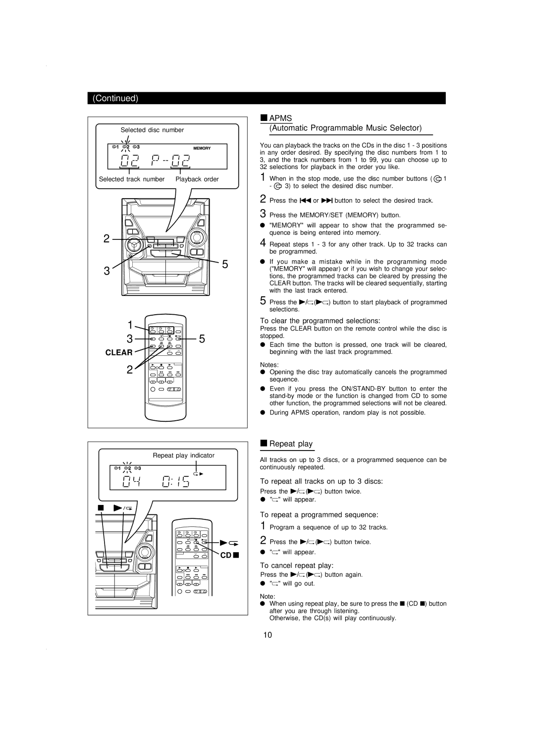 Sharp CD-BA120 operation manual Automatic Programmable Music Selector, Repeat play 