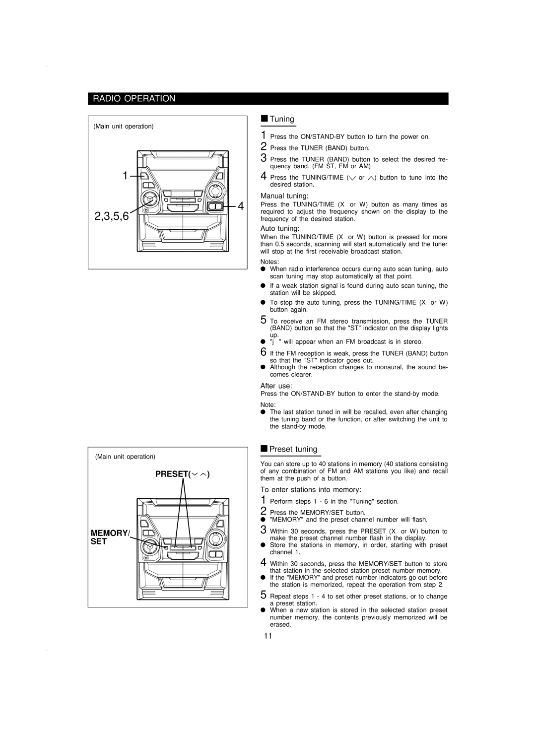 Sharp CD-BA120 operation manual Radio Operation, Tuning, Preset tuning 