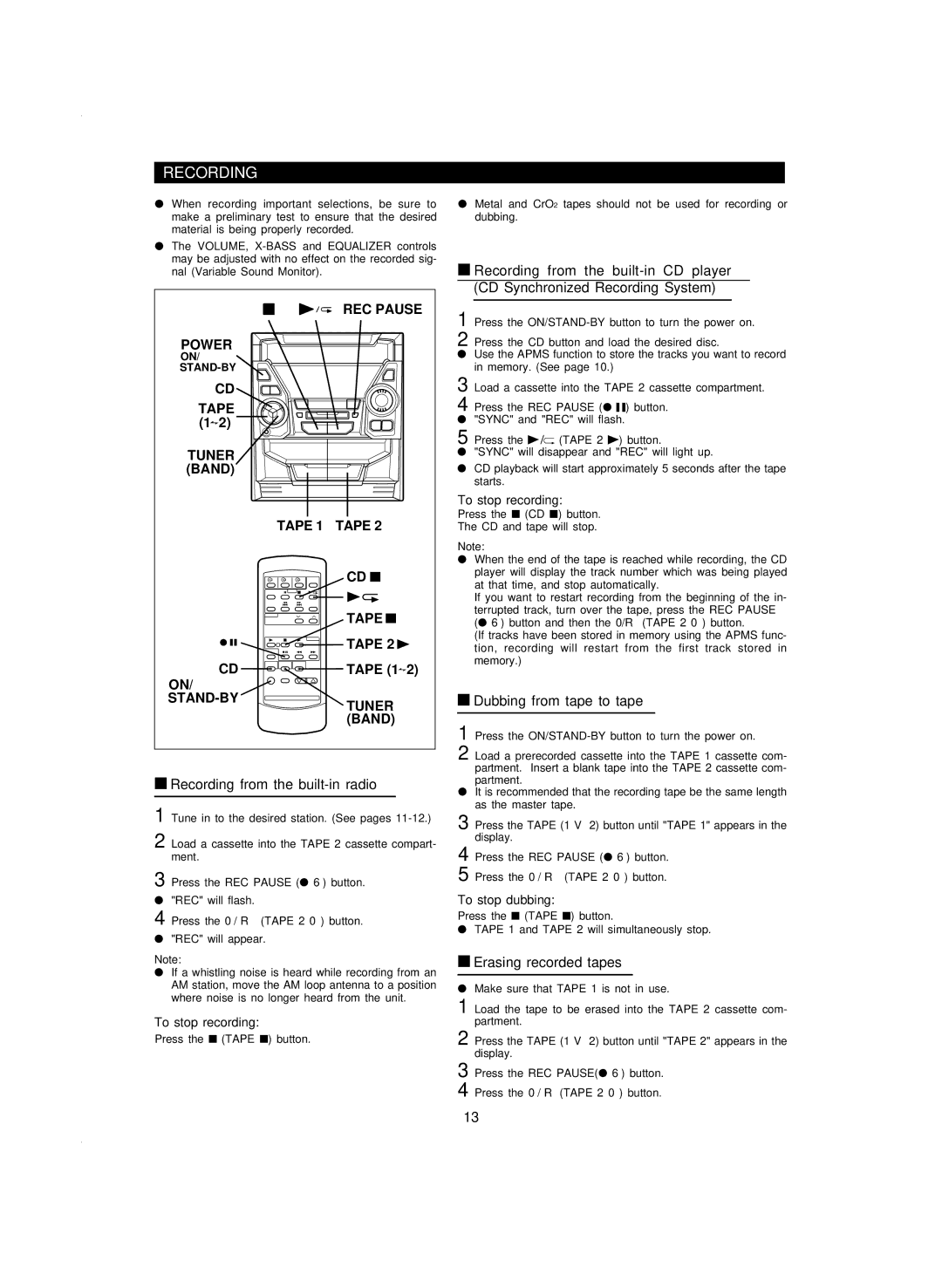 Sharp CD-BA120 operation manual Recording 