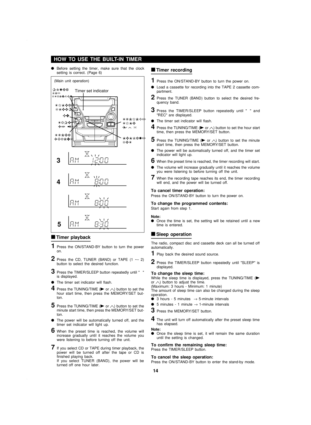 Sharp CD-BA120 operation manual HOW to USE the BUILT-IN Timer, Timer playback, Timer recording, Sleep operation 