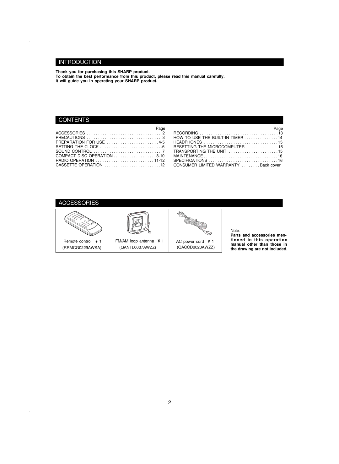 Sharp CD-BA120 operation manual Introduction, Contents, Accessories 