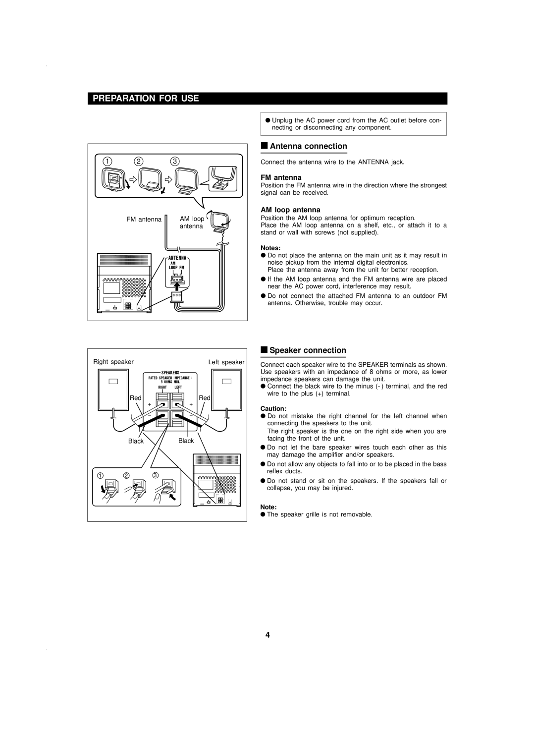 Sharp CD-BA120 operation manual Preparation for USE, Antenna connection, Speaker connection, FM antenna, AM loop antenna 