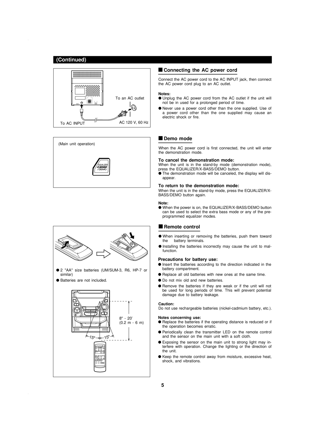 Sharp CD-BA120 operation manual Connecting the AC power cord, Demo mode, Remote control 